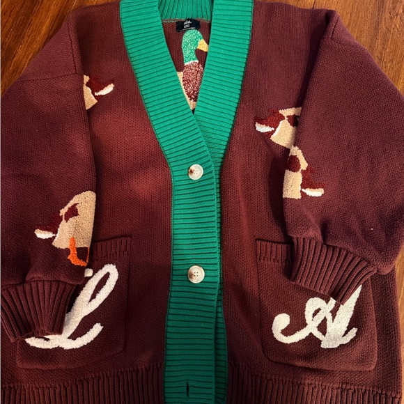Dressed in LALA Sweaters - Lala Maroon Cardigan with Green Trim and Cream Accent Letters